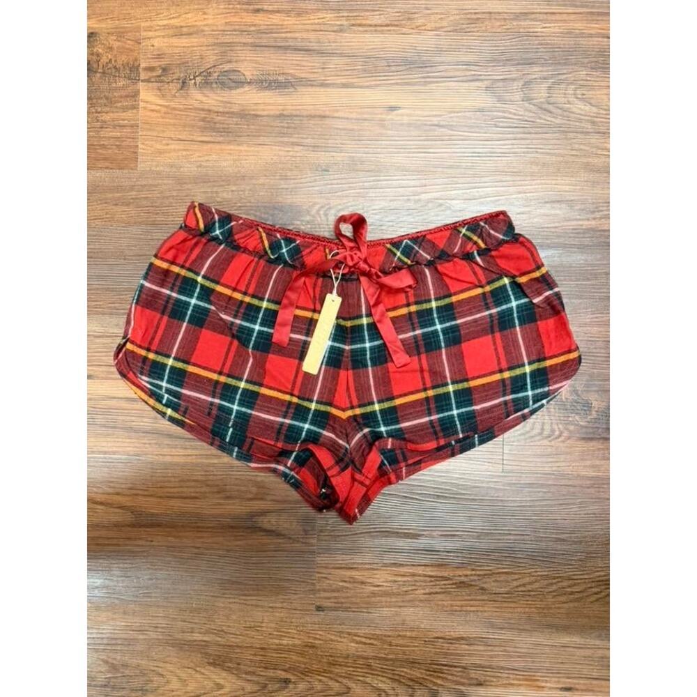 SKIMS FLANNEL SLEEP Drawstring Short - Brick Holiday Plaid Size M NWT #1605